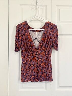 Free People Floral V-Neck Button Front Top